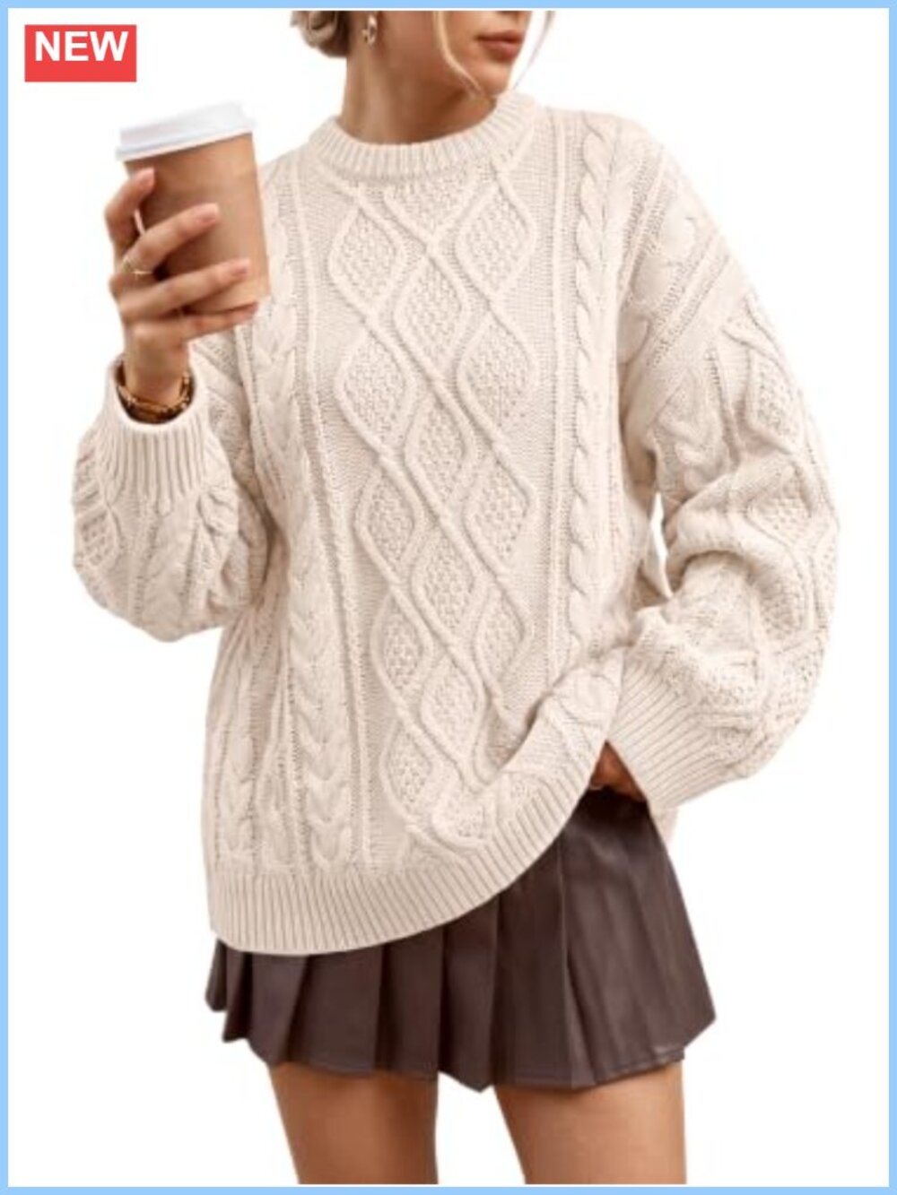Oversized Cable Knit Sweater 40% Acrylic 60% Cotton Long Sleeve Crew Neck